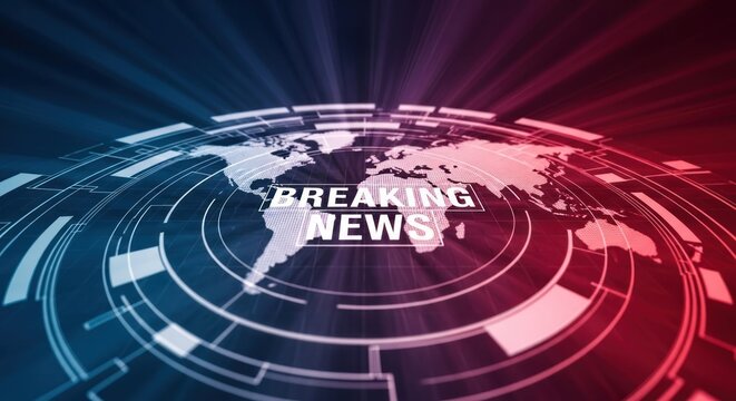 News graphic glowing map, radiating lights, "BREAKING NEWS" text in the center