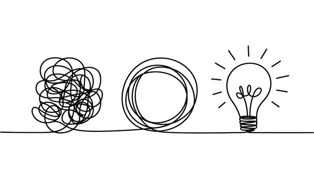 Lightbulb Line Drawing Illustration, black tangled string leading to glowing bulb on white background representing creativity and idea concept.