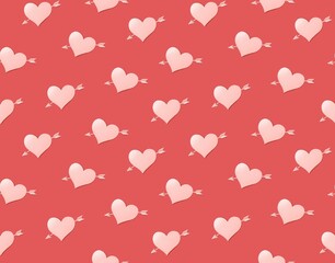 Heart with arrow seamless pattern on red background