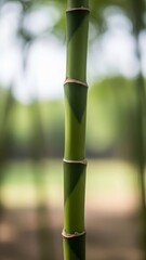 Fototapeta premium Vibrant green bamboo stalk with distinct dark patterns in a natural outdoor setting