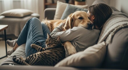 Obraz premium Woman hugging a dog while a cat rests on her lap on a comfortable sofa