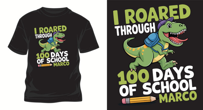 Dinosaur back to school t shirt design with cute cartoon rex wearing backpack and pencil illustration