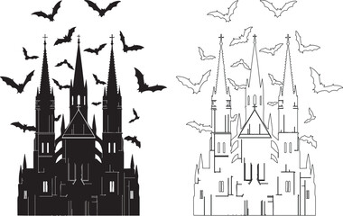Obraz premium Black and white silhouette of Gothic castle with flying bats