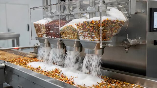 Medium shot of a screw feeder microdosing unit accurately dispensing salt and spices into a production line showcasing precise ingredient control in food processing.