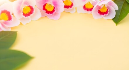 Obraz premium Soft pink flowers on yellow background with green leaves