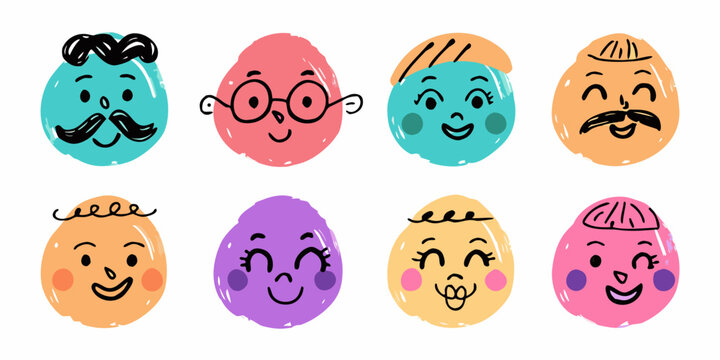 Colorful cartoon egg heads with various expressive faces and features