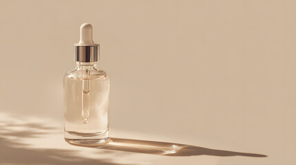 Naklejka premium Glass bottle with dropper on beige surface