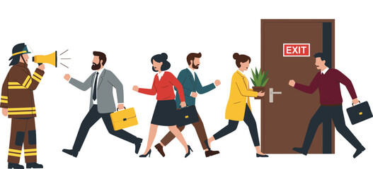 Fototapeta premium Office Emergency Evacuation Illustration Showing Business People Exiting Building During Alarm and Safety Alert Situation for Workplace and Disaster Design