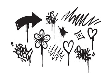 Street Art Elements: Spray Paint Graffiti Tags, Hearts, Flowers, and Arrows