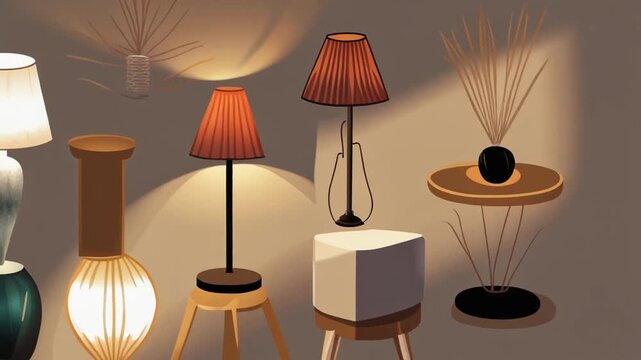 Abstract animated video with a seamless looping pattern of modern table lamps