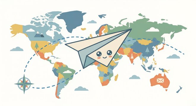 Cute kawaii paper plane flying over colorful world map background with dashed path and compass icon for global travel international communication shipping business and tourism concept design