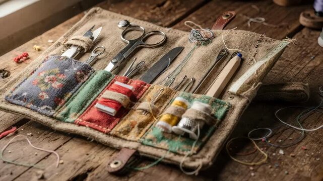 Medium shot of a hobbyists handcrafted textile tool pouch with colorful stitched pockets containing crafting tools and small equipment on a wooden workbench background.