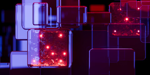 Futuristic Super Computer Chip Circuit in iridescent glass cube neon reflections glossy transparent panels curved ribbons on dark tech background technology wallpaper 3d rendering © IM_VISUALS