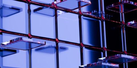 Abstract futuristic iridescent glass shapes with neon reflections glossy transparent panels ribbons on dark tech background for UI web ads wallpaper 3d rendering © IM_VISUALS