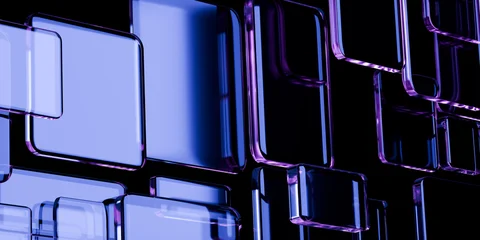 Abstract futuristic iridescent glass shapes with neon reflections glossy transparent panels ribbons on dark tech background for UI web ads wallpaper 3d rendering © IM_VISUALS