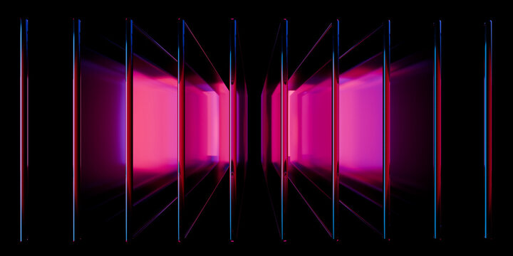 Cyber elements made of transparent glass and liquid acrylic purple blue glow on black backdrop cinematic tech background design cover art visuals 3d rendering