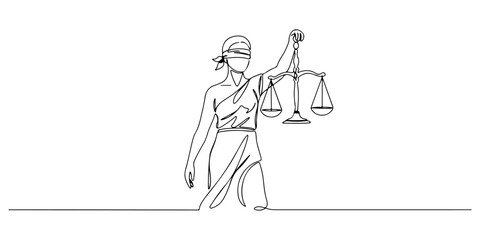 Fototapeta premium Continuous one line of a blindfolded figure holding scales, law and justice art, drawn vector illustration.