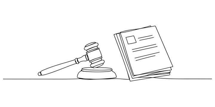 Continuous one line of a gavel resting beside documents, law and justice art, drawn vector illustration.