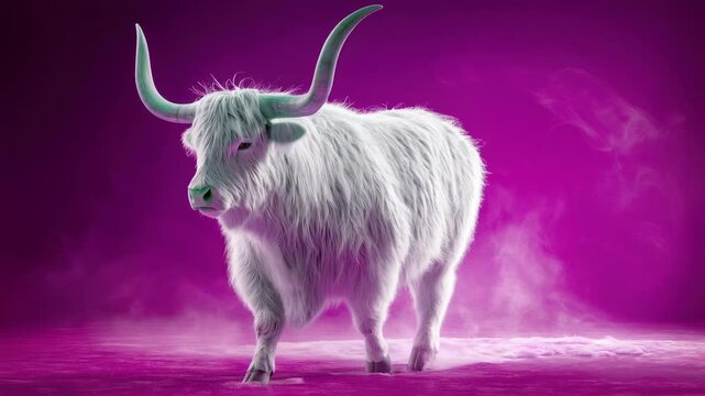 White yak with long horn and fluffy fur standing misty purple background, surreal fantasy mammal animal, vibrant majestic calm mood, white fur