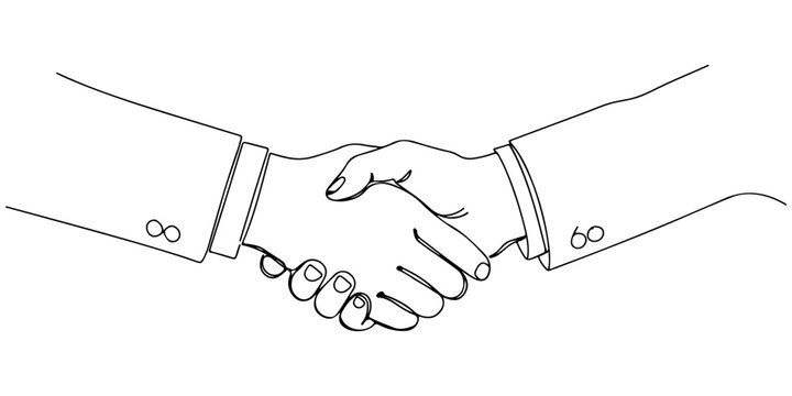Continuous one line of a two hands shaking in legal agreement, law and justice art, drawn vector illustration.
