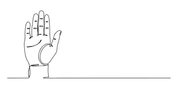 Continuous one line of a raised hand taking an oath, law and justice art, drawn vector illustration.