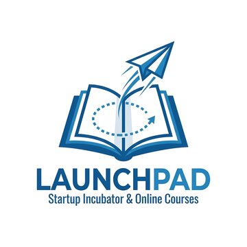 Launchpad startup incubator and online courses professional logo design with paper plane launching from open book symbol for education business growth entrepreneurship training and success