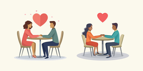 Two Couple sit at a cafe table with coffee and chairs in a restaurant 