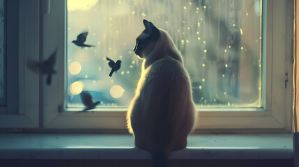 Title: Cat Silhouette Sitting by Window with Soft Bokeh Light

