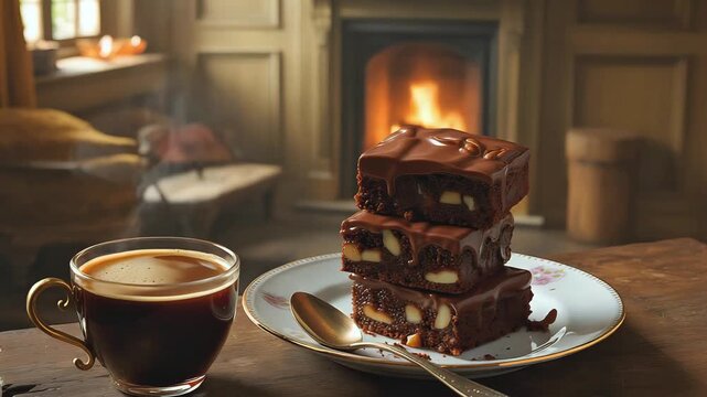 Cinematic Food Video of Chocolate Brownies with Nuts and Steaming Black Coffee