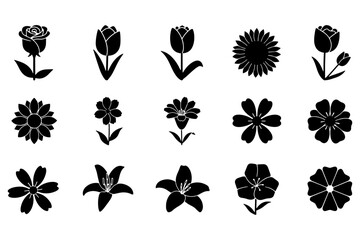Obraz premium Flowers Silhouette Vector Icon Sheet Isolated on White Background