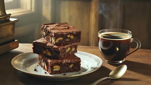 Cinematic Food Video of Chocolate Brownies with Nuts and Steaming Black Coffee