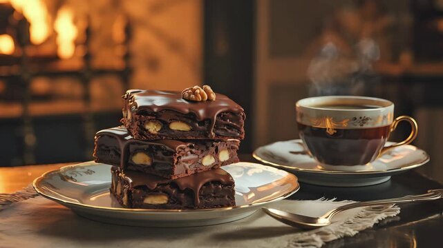 Cinematic Food Video of Chocolate Brownies with Nuts and Steaming Black Coffee