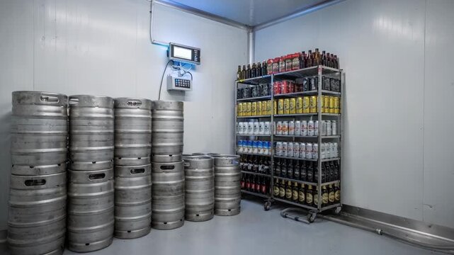 Medium shot of a modular panel walkin cold storage room featuring insulated walls and organized beer kegs and cases with visible temperature controls.