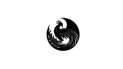 Obraz premium Elegant black and white phoenix vector icon in a circular design. Mythical bird symbol of rebirth, strength, and eternity.