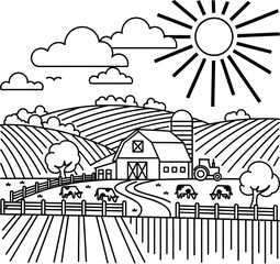 Fototapeta premium farm landscape with barn, tractor and cows