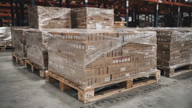 Medium shot focused on tobacco product bundles placed on industrial wooden pallets emphasizing efficient stacking and warehouse logistics.