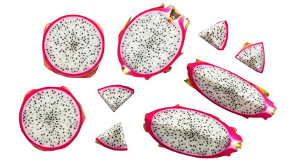 Naklejka premium Dragon fruit slices displayed on a white surface showing white flesh and black seeds during daylight hours