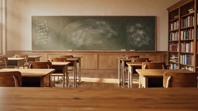 Classroom scene with wooden desks blackboard and bookshelves