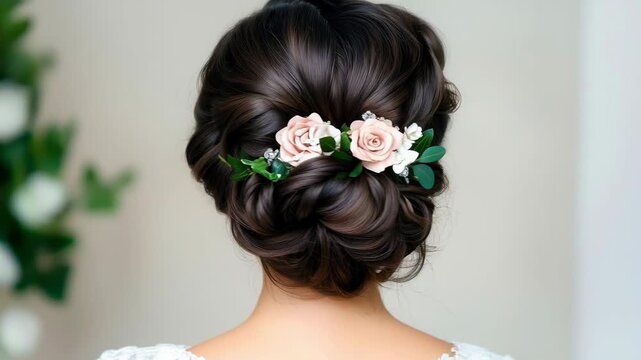 Elegant brunette updo hairstyle with pink rose flower, green leaf accents, soft curls, romantic floral hairpiece, delicate bridal wedding style
