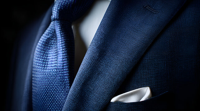Blue suit jacket showing tie and pocket square