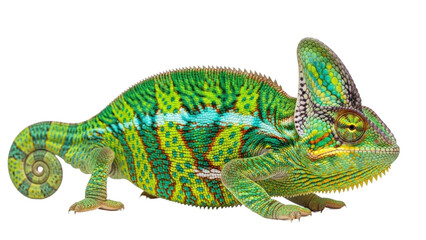 Obraz premium Colorful chameleon resting on a surface during daylight hours in a clear space