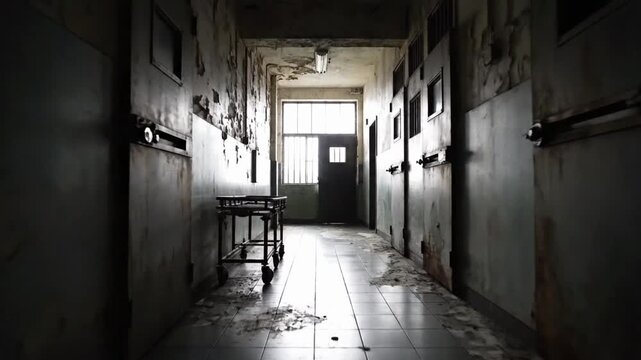 Abandoned hallway in old building with dark doors and peeling walls at evening time