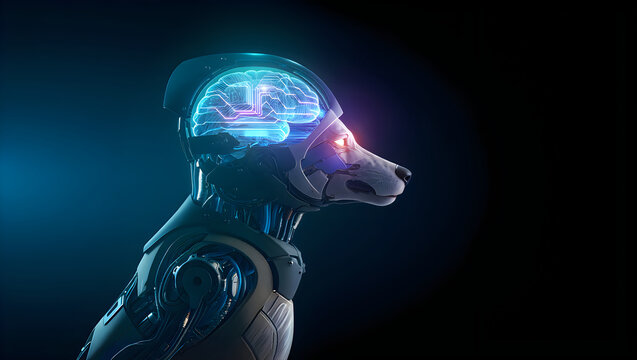 Robotic dog head shows internal glowing brain structure on black.