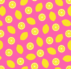 Lemon on a bright pink background, summer seamless pattern. Ornament for fabric, clothing, textiles, surface textures, wrapping paper, and scrapbooking. Vector illustration.
