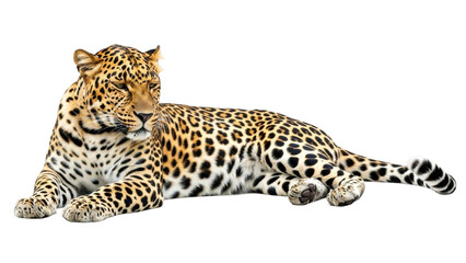 Obraz premium Wild leopard resting on a white background while showing its unique coat patterns during the daytime in a natural habitat