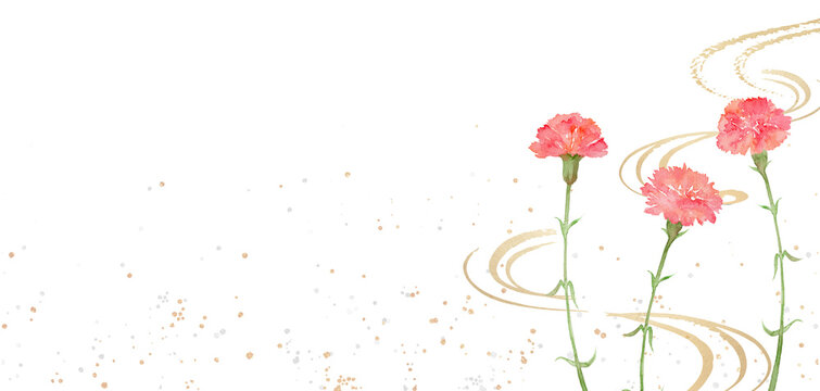 Watercolor red carnation flowers with golden stream for Japanese background-300dpi-