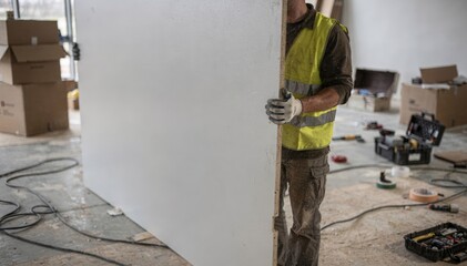 Crew member in focus carefully positioning a temporary wall panel while the blurred background shows packing crates and tools scattered around the exhibition space.