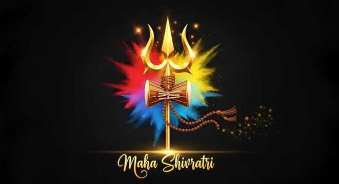 Maha shivratri shiva trishul damru symbol with sacred beads and vibrant colors representing hindu devotion spirituality culture festival faith celebration background