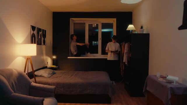 Multiple versions of sad man in room time passing concept