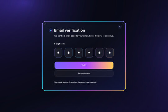 Email Verification OTP Screen UI with Gradient Button Dark Mode. UI, UX interface elements. User email verification modal with 6-digit OTP input. Futuristic neon interface. Vector graphic bar